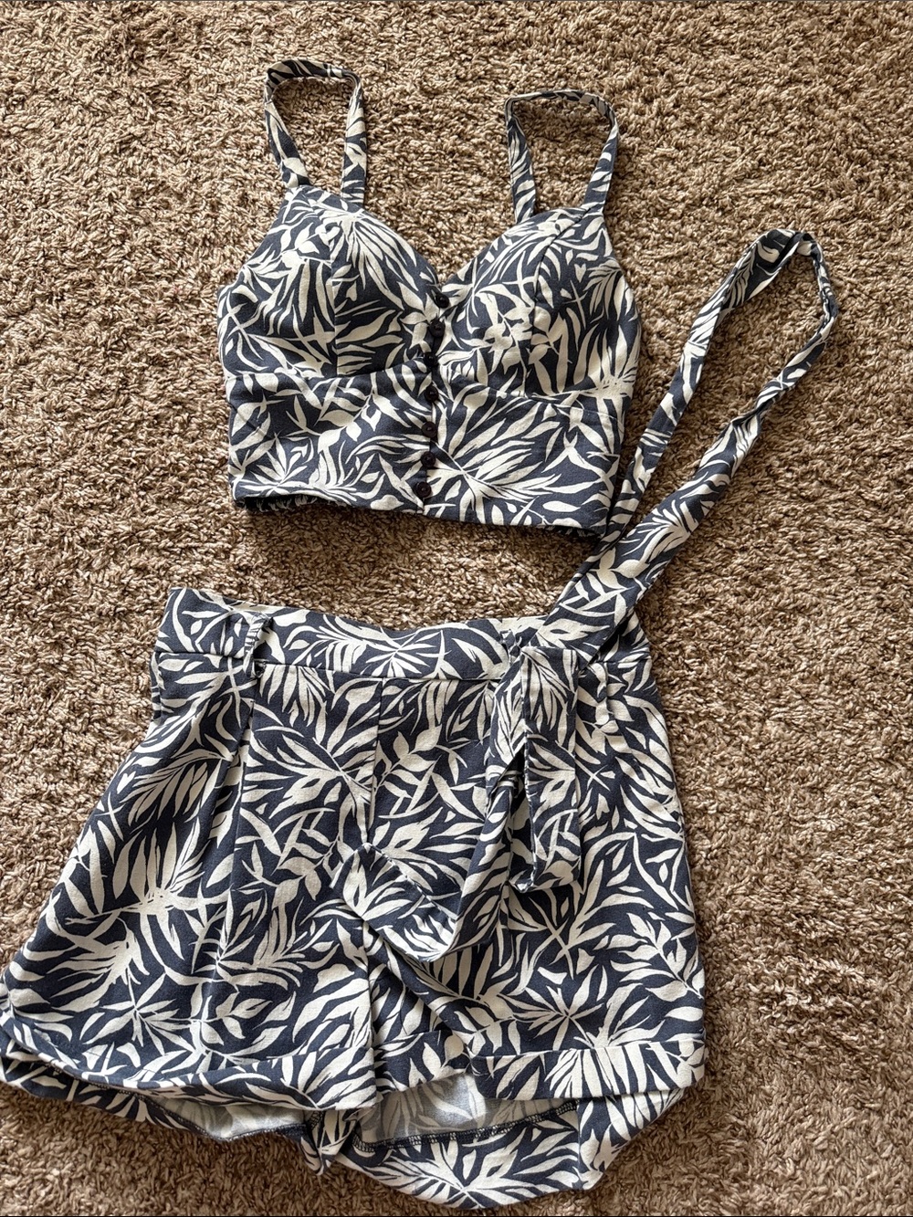 Haute Monde Navy and Cream Leaf Print Two-Piece Romper Set
